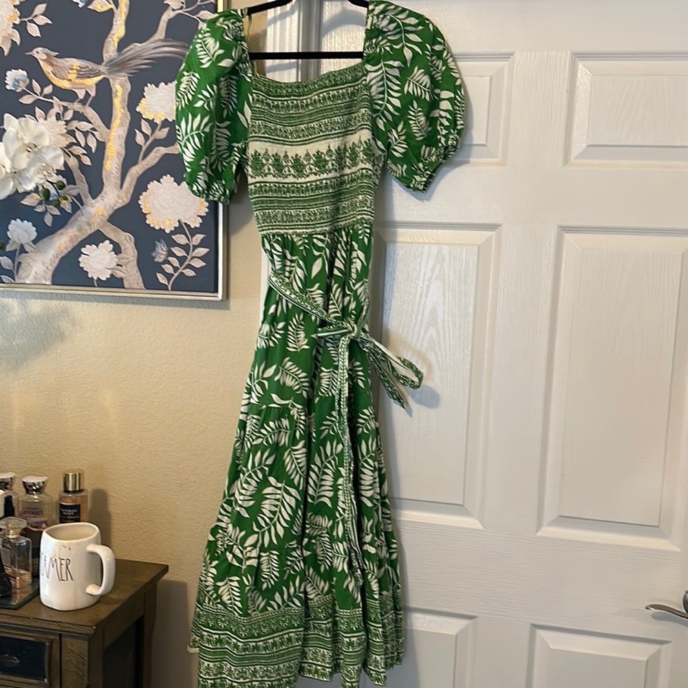 Green and white smocked dress
